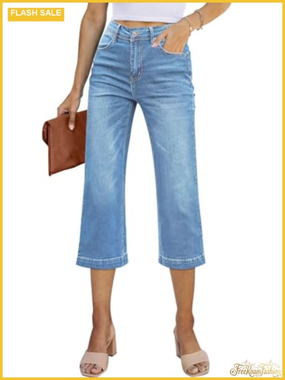 Women's High Waisted Wide Leg Capri Jeans Stretchy Cropped Denim Pants